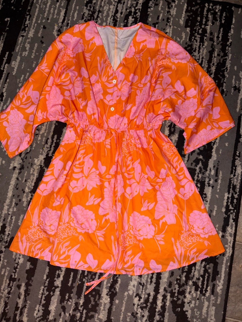 Vibrant Orange & Pink Floral Drawstring Dress